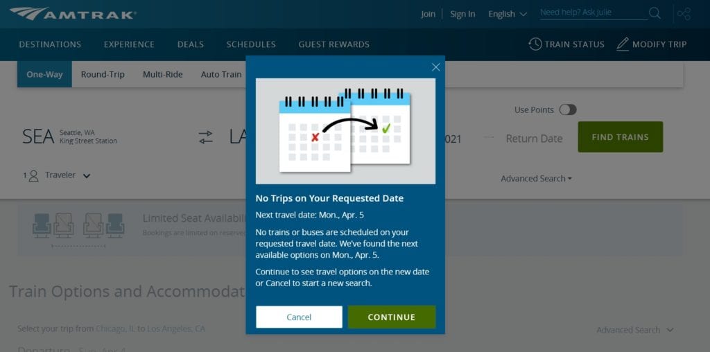 Amtrak booking options