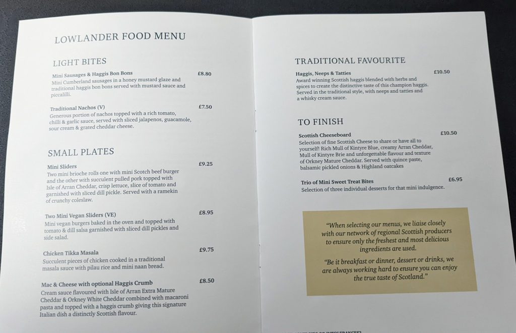 Caledonian Sleeper Menu
