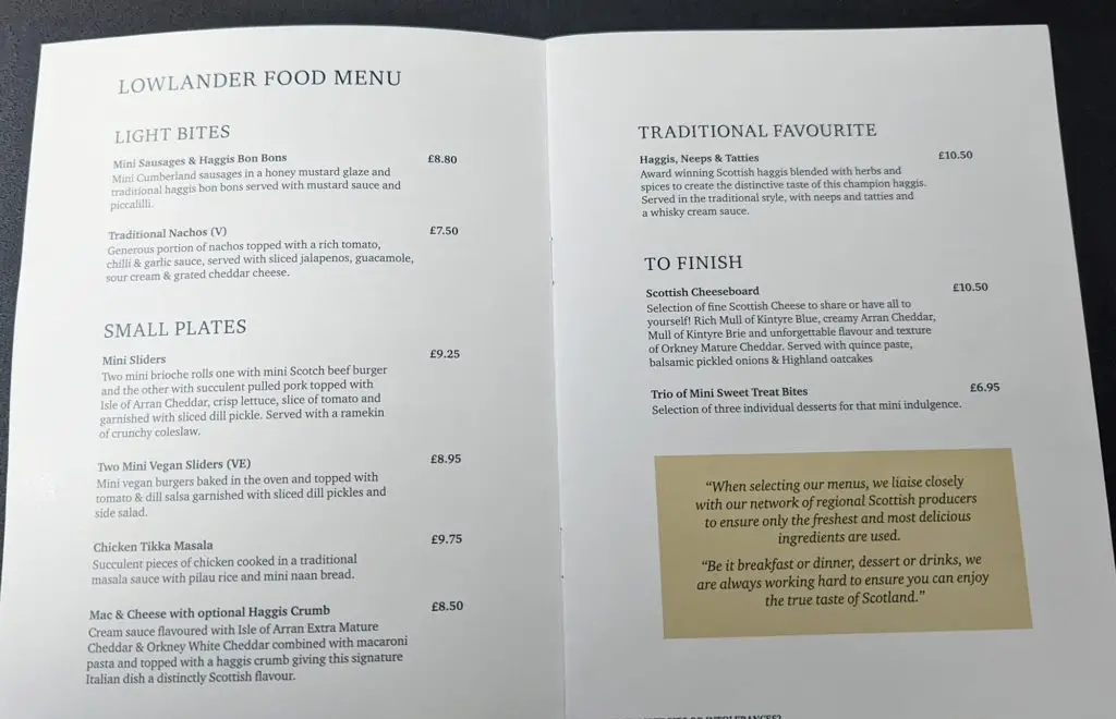Caledonian Sleeper Menu